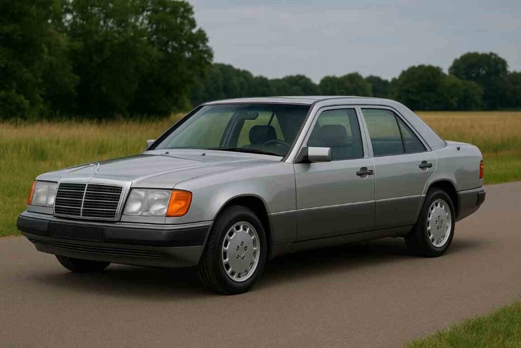 Mercedes W124 E 320 sedan in zilver, gezien van de zijkant, klassieke tijdloze styling. Mercedes W124 E 320 sedan in zilver, gezien van de zijkant, klassieke tijdloze styling.