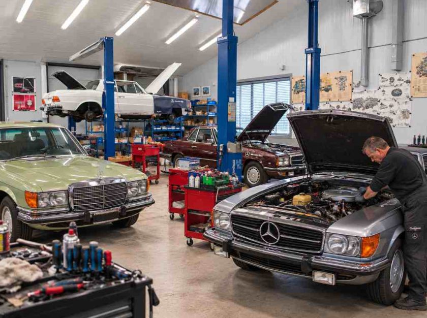 Klassieke Mercedes-restauratie in de werkplaats